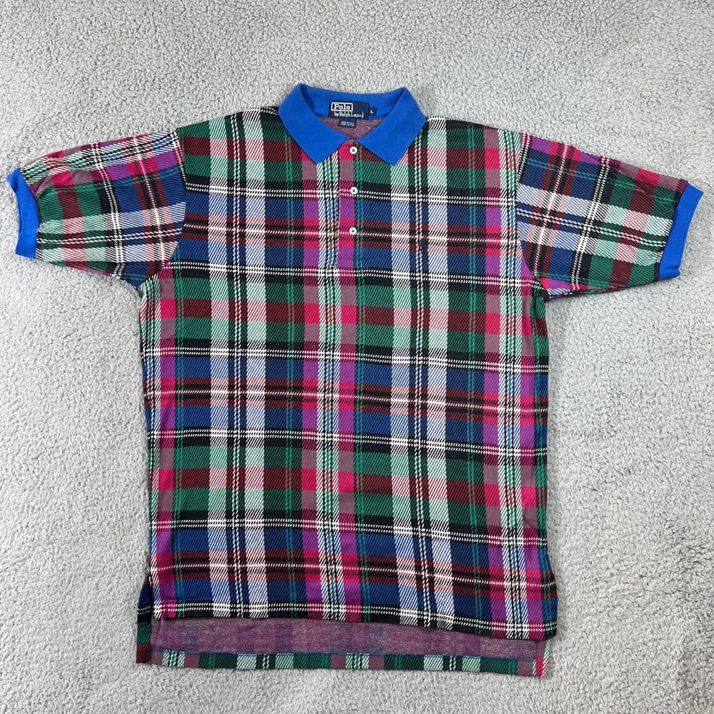 Polo by Ralph Lauren‎ Plaid Golf Blue Polo Shirt Men's L Made in USA VTG NWT